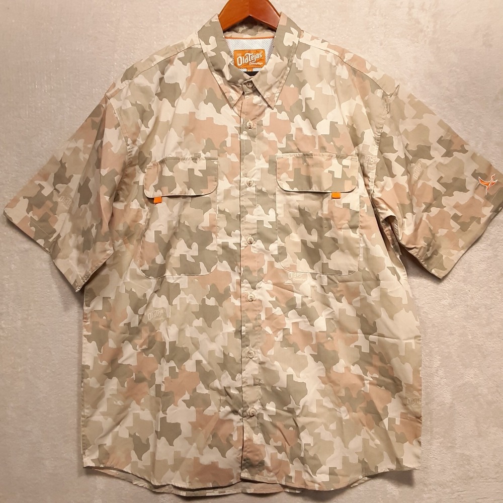 Old Tejas Mens SS Button West Texas Field Shirt Sz.XL/Beige/Camouflage/Fishing